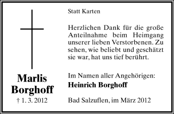 Anzeige  Marlis Borghoff  Lippische Landes-Zeitung