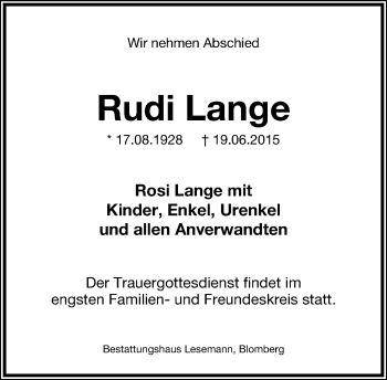 Anzeige  Rudi Lange  Lippische Landes-Zeitung