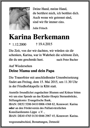 Anzeige  Karina Berkemann  Lippische Landes-Zeitung