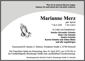 Anzeige  Marianne Merz  Lippische Landes-Zeitung