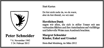 Anzeige  Peter Schneider  Lippische Landes-Zeitung