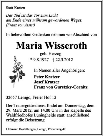 Anzeige  Maria Wisseroth  Lippische Landes-Zeitung