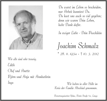 Anzeige  Joachim Schmalz  Lippische Landes-Zeitung