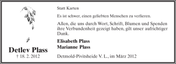 Anzeige  Detlev Plass  Lippische Landes-Zeitung