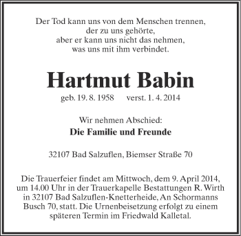 Anzeige  Hartmut Babin  Lippische Landes-Zeitung