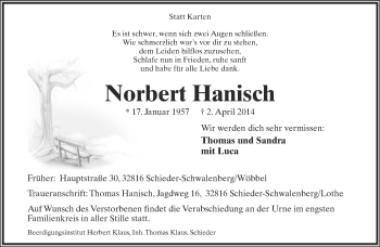 Anzeige  Norbert Hanisch  Lippische Landes-Zeitung