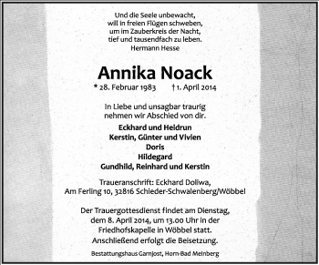 Anzeige  Annika Noack  Lippische Landes-Zeitung