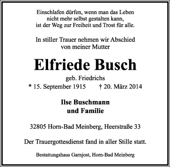 Anzeige  Elfriede Busch  Lippische Landes-Zeitung