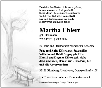 Anzeige  Martha Ehlert  Lippische Landes-Zeitung
