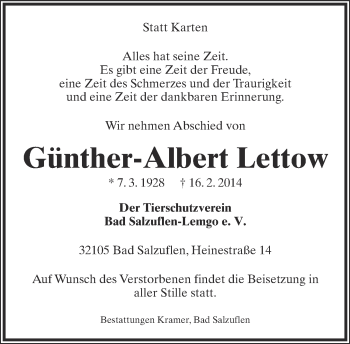 Anzeige  Günther-Albert Lettow  Lippische Landes-Zeitung