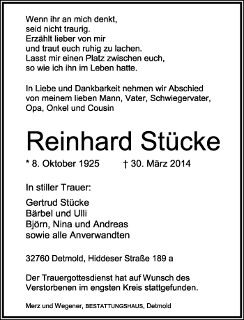Anzeige  Reinhard Stücke  Lippische Landes-Zeitung