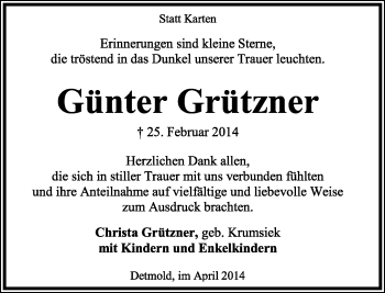 Anzeige  Günter Grützner  Lippische Landes-Zeitung