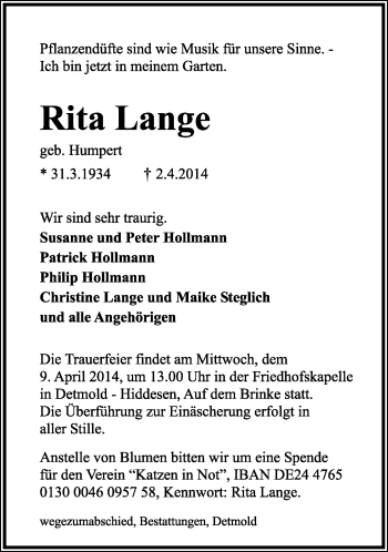 Anzeige  Rita Lange  Lippische Landes-Zeitung