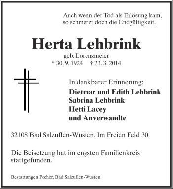 Anzeige  Herta Lehbrink  Lippische Landes-Zeitung