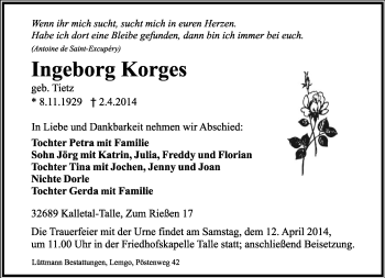 Anzeige  Ingeborg Korges  Lippische Landes-Zeitung