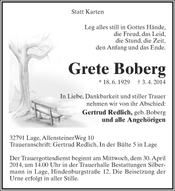 Anzeige  Grete Boberg  Lippische Landes-Zeitung