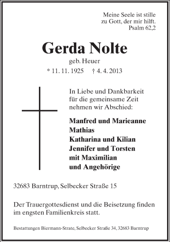 Anzeige  Gerda Nolte  Lippische Landes-Zeitung