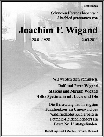 Anzeige  Joachim F. Wigand  Lippische Landes-Zeitung