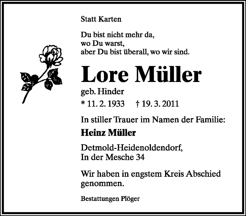  Traueranzeige für Lore Müller vom 26.03.2011 aus Lippische Landes-Zeitung