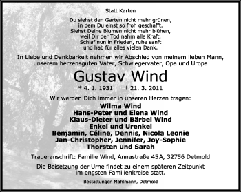 Anzeige  Gustav Wind  Lippische Landes-Zeitung