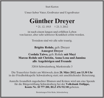 Anzeige  Günther Dreyer  Lippische Landes-Zeitung