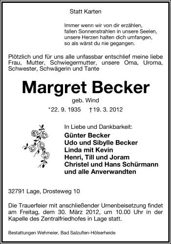 Anzeige  Margret Becker  Lippische Landes-Zeitung