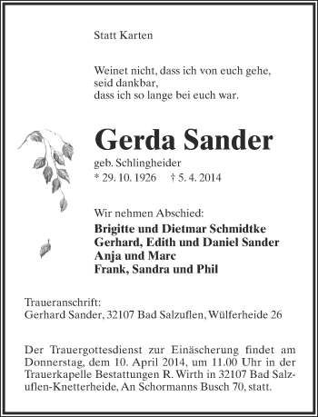 Anzeige  Gerda Sander  Lippische Landes-Zeitung