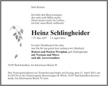 Anzeige  Heinz Schlingheider  Lippische Landes-Zeitung