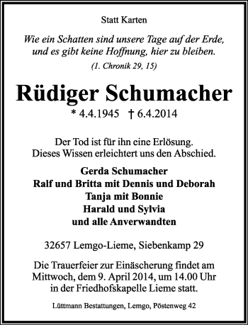 Anzeige  Rüdiger Schumacher  Lippische Landes-Zeitung