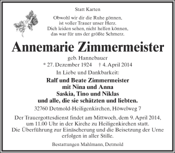 Anzeige  Annemarie Zimmermeister  Lippische Landes-Zeitung