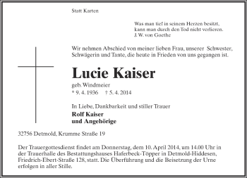 Anzeige  Lucie Kaiser  Lippische Landes-Zeitung