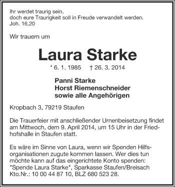 Anzeige  Laura Starke  Lippische Landes-Zeitung