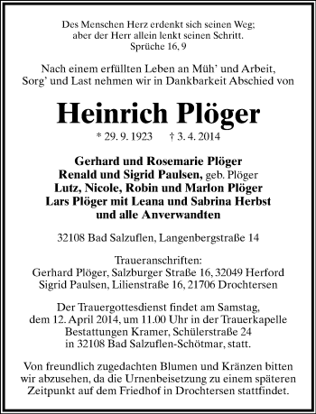Anzeige  Heinrich Plöger  Lippische Landes-Zeitung