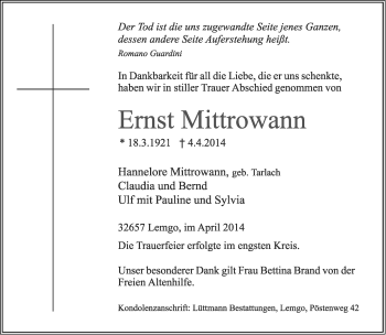 Anzeige  Ernst Mittrowann  Lippische Landes-Zeitung