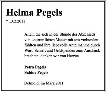 Anzeige  Helma Pegels  Lippische Landes-Zeitung
