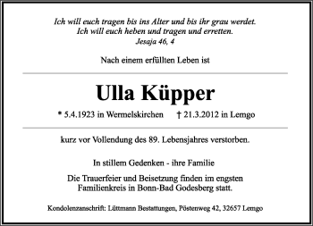 Anzeige  Ulla Küpper  Lippische Landes-Zeitung