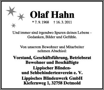 Anzeige  Olaf Hahn  Lippische Landes-Zeitung