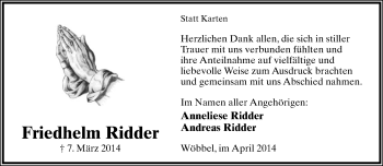 Anzeige  Friedhelm Ridder  Lippische Landes-Zeitung