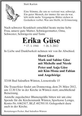 Anzeige  Erika Güse  Lippische Landes-Zeitung