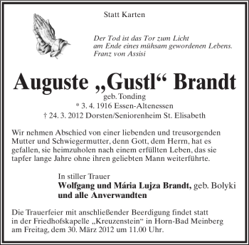 Anzeige  Auguste Brandt  Lippische Landes-Zeitung