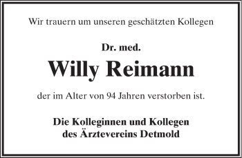 Anzeige  Willy Reimann  Lippische Landes-Zeitung