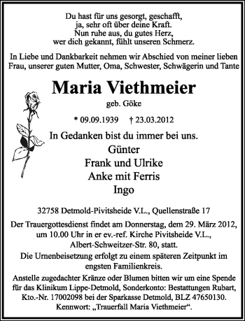 Anzeige  Maria Viethmeier  Lippische Landes-Zeitung