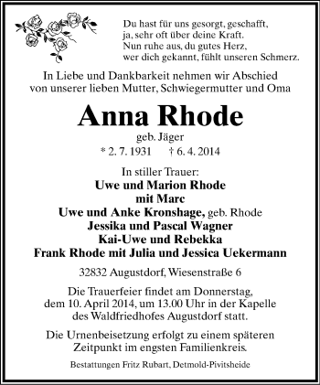 Anzeige  Anna Rhode  Lippische Landes-Zeitung