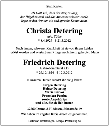 Anzeige  Christa Detering  Lippische Landes-Zeitung