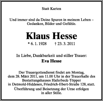 Anzeige  Klaus Hesse  Lippische Landes-Zeitung