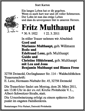 Anzeige  Fritz Multhaupt  Lippische Landes-Zeitung