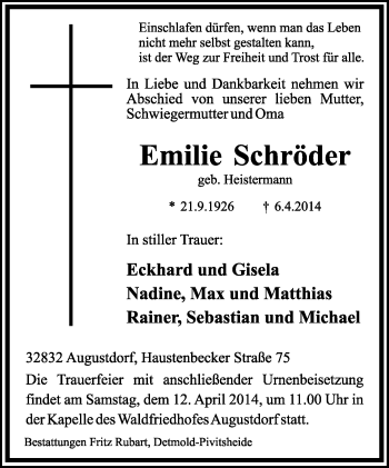Anzeige  Emilie Schröder  Lippische Landes-Zeitung