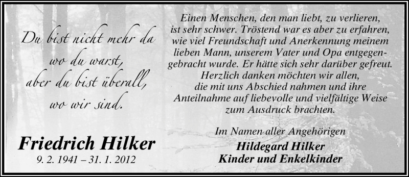  Traueranzeige für Friedrich Hilker vom 31.03.2012 aus Lippische Landes-Zeitung