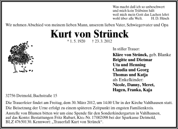 Anzeige  Kurt von Strünck  Lippische Landes-Zeitung