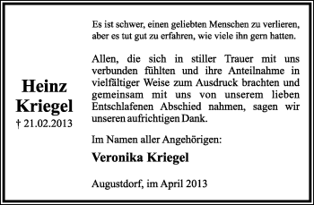 Anzeige  Heinz Kriegel  Lippische Landes-Zeitung